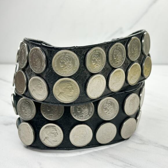 Vintage Argentina Coin Studded Leather Chain Belt Gaucho Western Small (S) ✨ - Picture 6 of 15